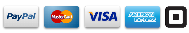 Logos of Accepted Credit Cards: Paypal, mastercard, visa, amex and square)